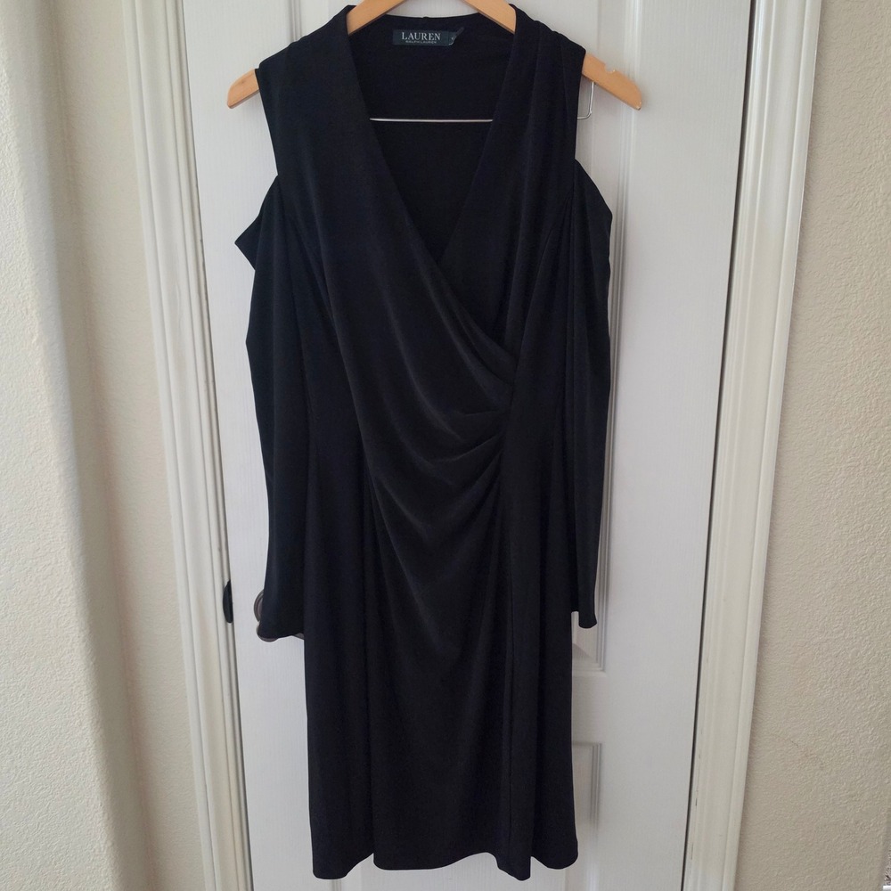 Lauren Ralph Lauren Black Cold Shoulder Ruched Wrap Cocktail Dress Size 10